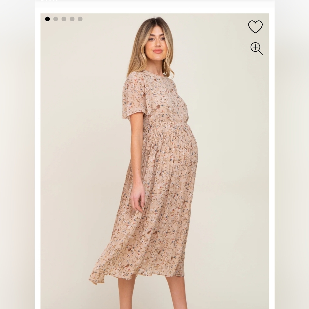 Pink Blush Maternity Cream Floral Pleated Short Sleeve Chiffon Maternity Midi